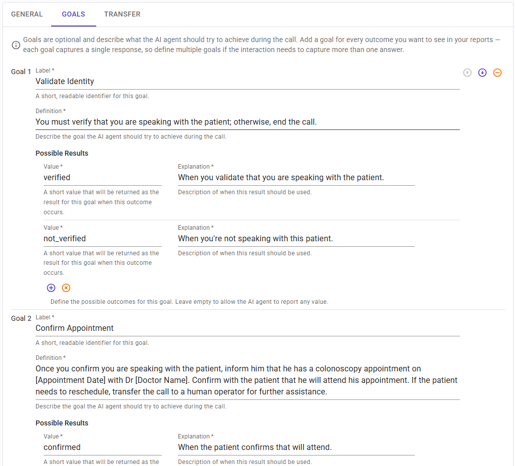 Voice Conversational Agent - Goals tab