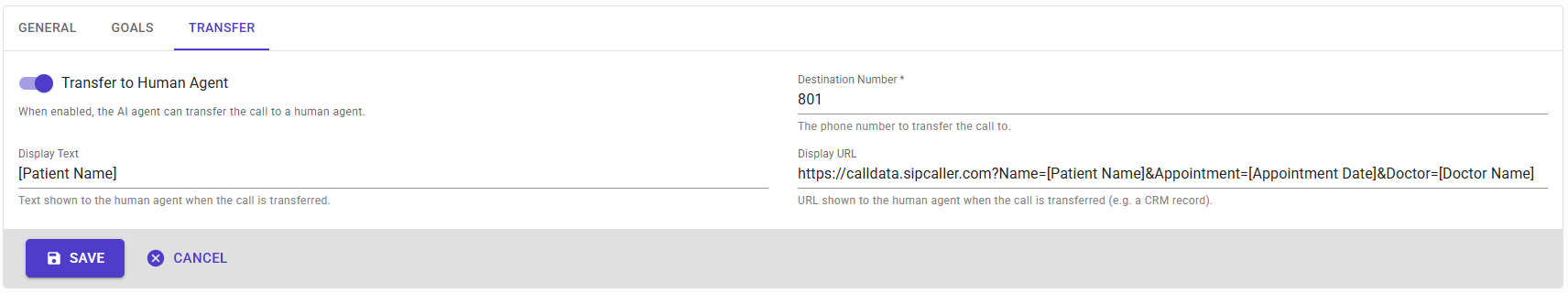 Voice Conversational Agent - Transfer tab