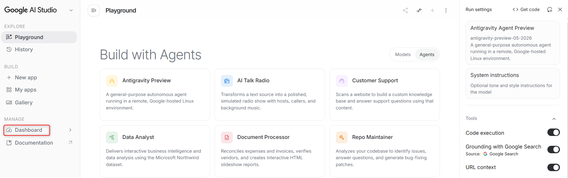 Dashboard di Google AI Studio