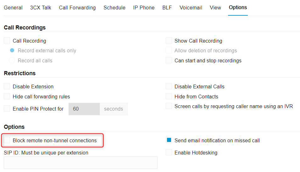 3CX extension options tab