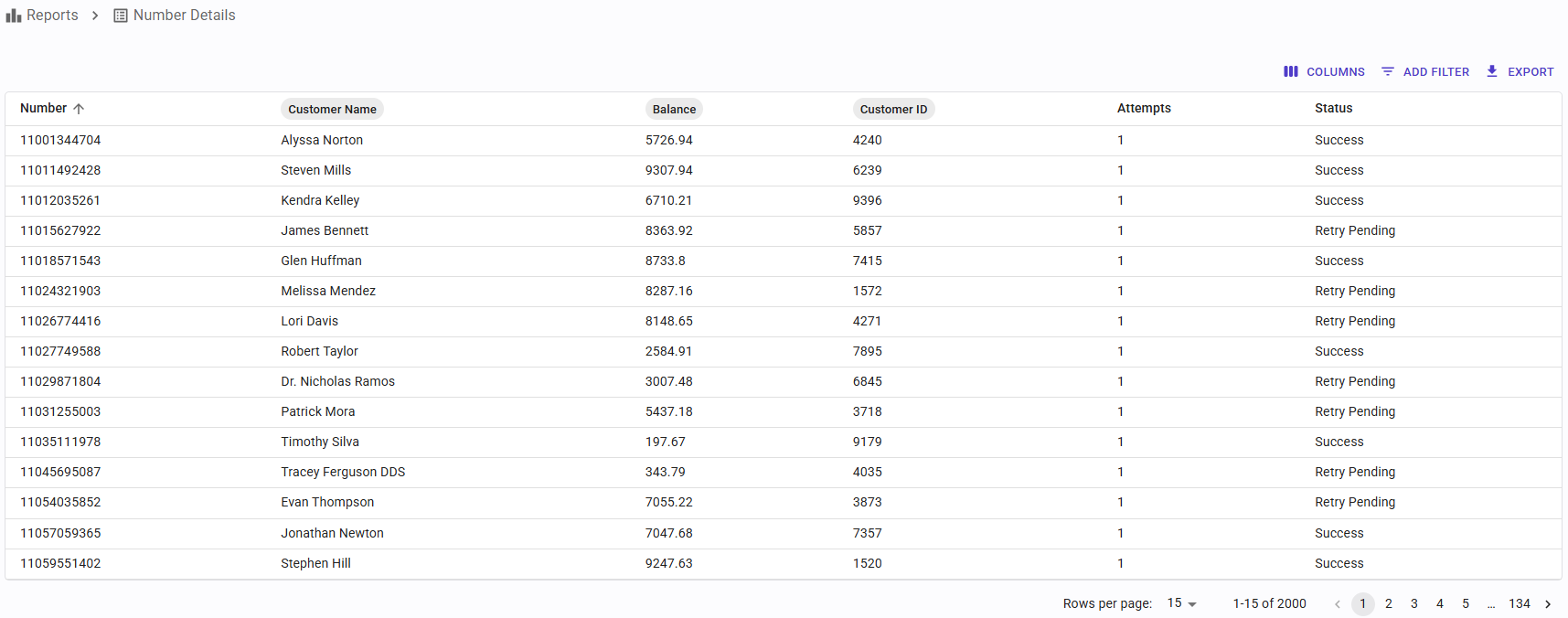Reporte de Detalle de Números