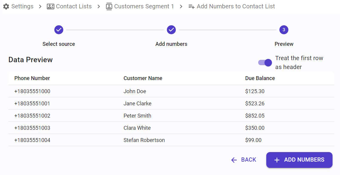 Previsualización de datos de números a agregar